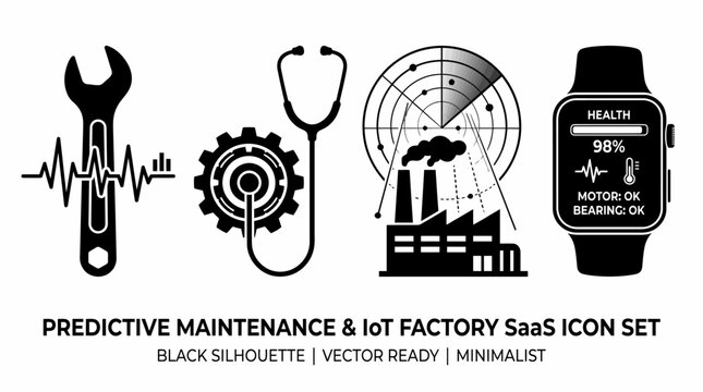 icons representing predictive maintenance and IoT factory concepts, including a wrench with heartbeat line, stethoscope on gear, industrial factory with radar chart, and smartwatch with health metrics