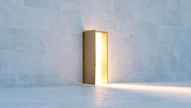 Illuminated doorway opening to a bright light in a minimalist concrete environment, symbolizing opportunity and new beginnings