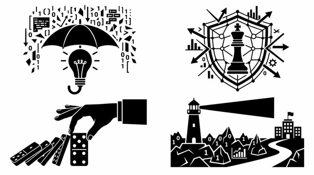 set of four black vector icons depicting business and technology concepts, lightbulb under an umbrella with binary code, shield with a chess piece and arrows