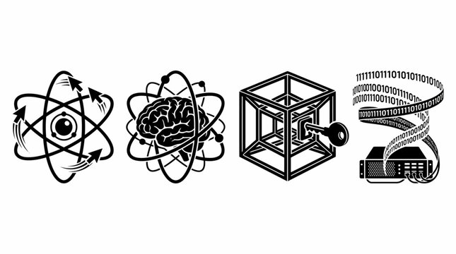 This illustration features four distinct icons: an atom with orbiting electrons, a brain surrounded by an atomic structure, a wireframe cube with a keyhole, and a computer server with binary code 