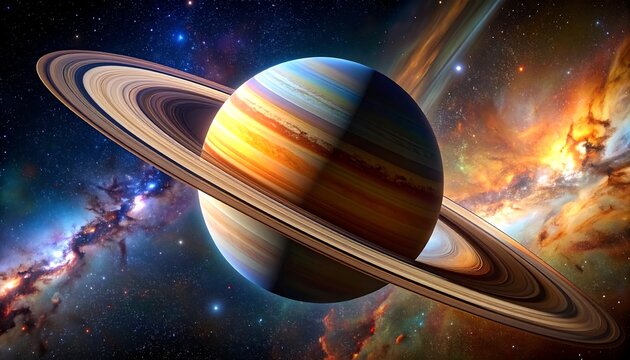 A vibrant, cosmic artwork featuring a gas giant with rings, set against a nebular background