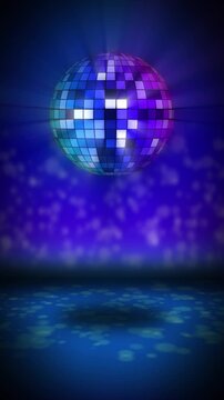 Vertical 3D render of a rotating disco ball seamless loop. Glowing mirror sphere with colorful light rays and bokeh background, perfect for social media, mobile backgrounds, and events.