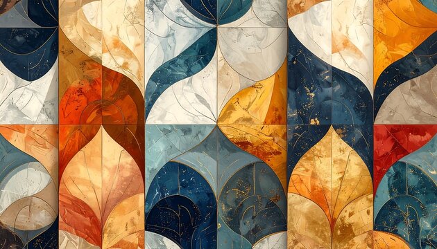 A vibrant, geometric pattern of abstract leaf-like shapes in jewel-toned colors