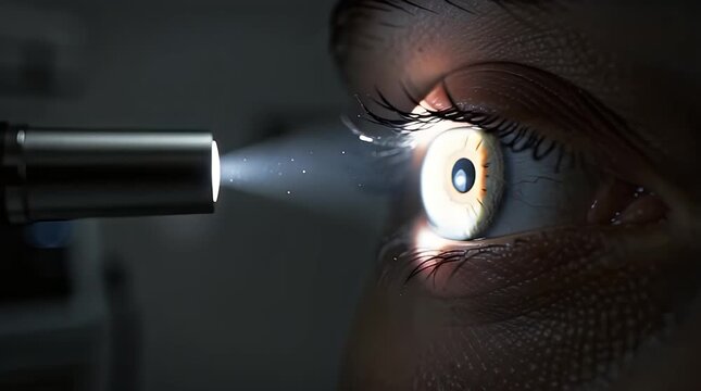 Doctor Flashlight Beam Inspecting Human Eye Pupil to Check Neurological Reflex