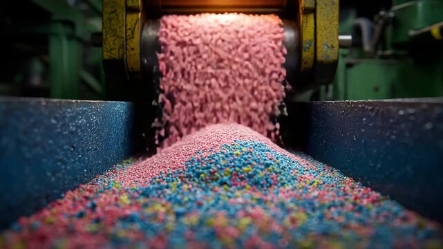 Colorful plastic granules production. Concept of plastic processing, recycling, polymer industry