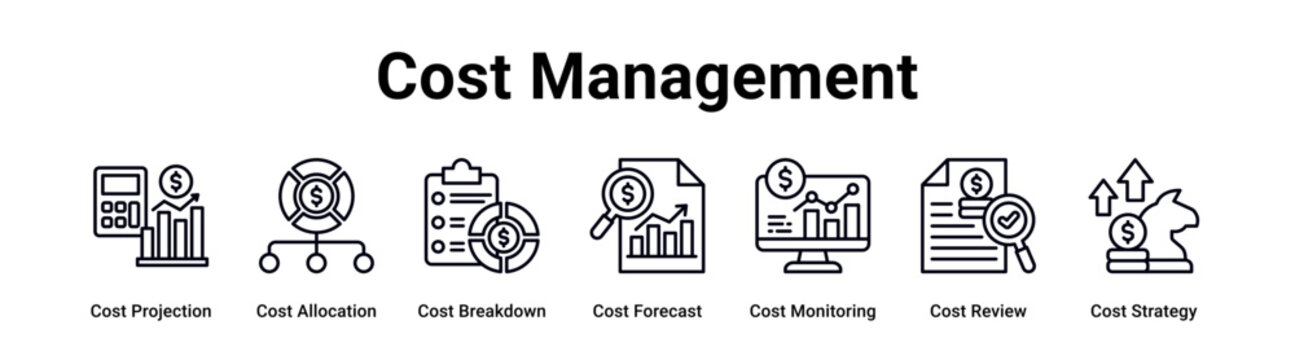 Cost Management web banner icon vector illustration concept for business with icon of Cost Projection, Cost Allocation, Cost Breakdown, Cost Forecast, Cost Monitoring, Cost Review.