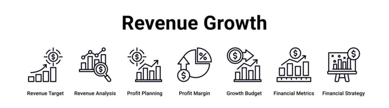 Revenue Growth web banner icon vector illustration concept for business with icon of Revenue Target, Revenue Analysis, Profit Planning, Profit Margin, Growth Budget, Financial Metrics.
