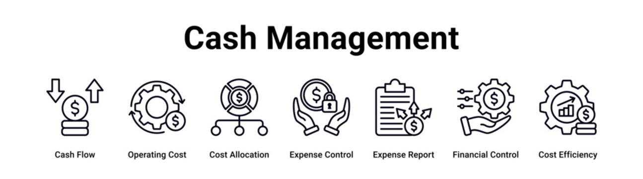 Cash Management web banner icon vector illustration concept for business with icon of Cash Flow, Operating Cost, Cost Allocation, Expense Control, Expense Report, Financial Control.
