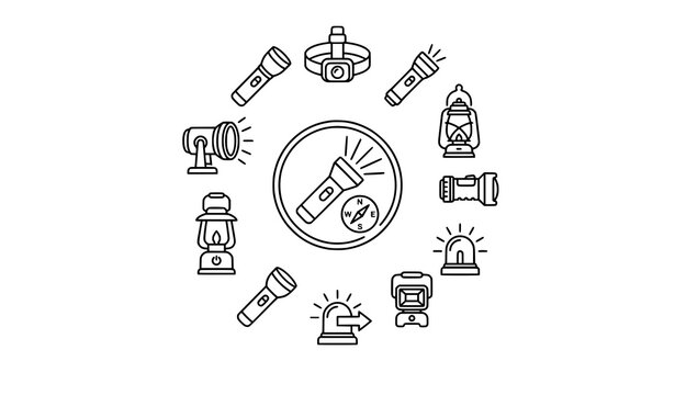 Modern flashlight line icons with editable torch and camping vector design