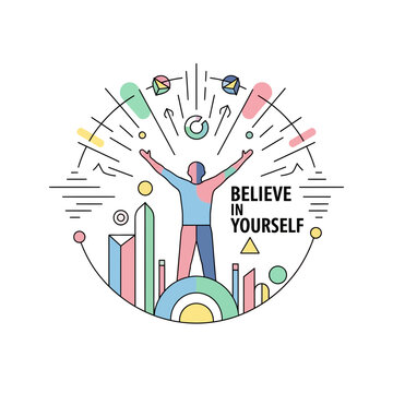 Man with arms raised, abstract geometric shapes, believe in yourself