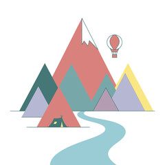 Obraz premium Minimalist Mountain Landscape with Hot Air Balloon and Tent