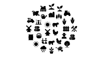 Obraz premium Farm and Nature Silhouette Vector Set Featuring Animals, Plants, Trees, Sun, Windmill, and Agricultural Icons for Playful and Minimalist Illustrations