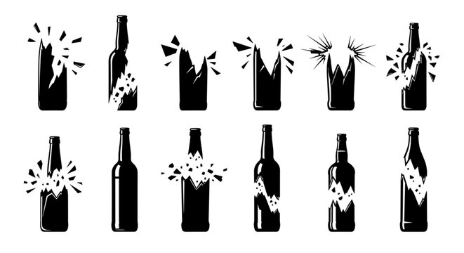 Broken Glass Bottle Icon Set with Shattered Beverage Container Symbols for Danger Warning, Accident, and Safety Hazard Designs