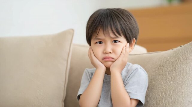 A young child sitting on a sofa while holding his cheek in pain due to toothache or dental discomfort. 