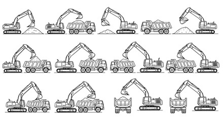 Excavator and Dump Truck Construction Icon Set with Heavy Machinery Loading Symbols for Engineering, Mining, and Industrial Worksite Designs © MDSOBUJ