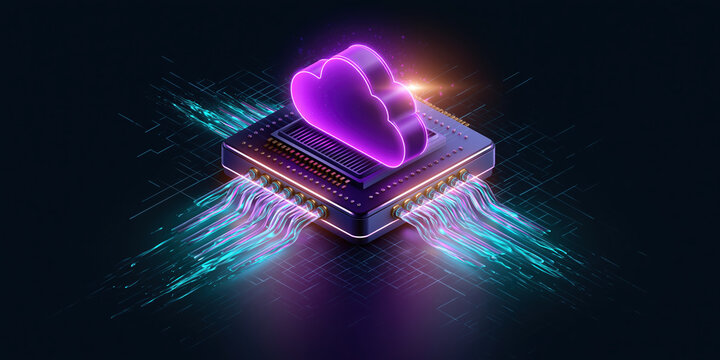 Cloud neon cloud icon glowing on microchip with digital data streams and futuristic network energy