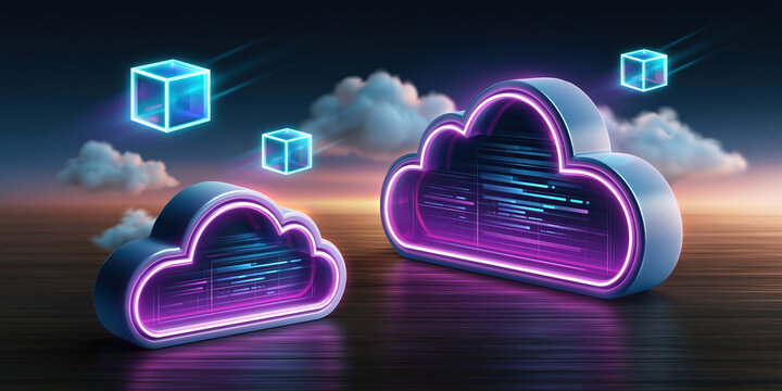 Cloud neon cloud storage icons glow over reflective surface at sunset futuristic data transfer emotion serene
