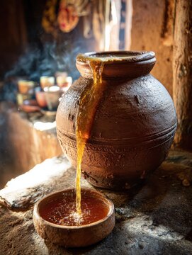 Traditional Ethiopian Tej Fermentation in Clay Jar with Honey and Water in Village Kitchen
