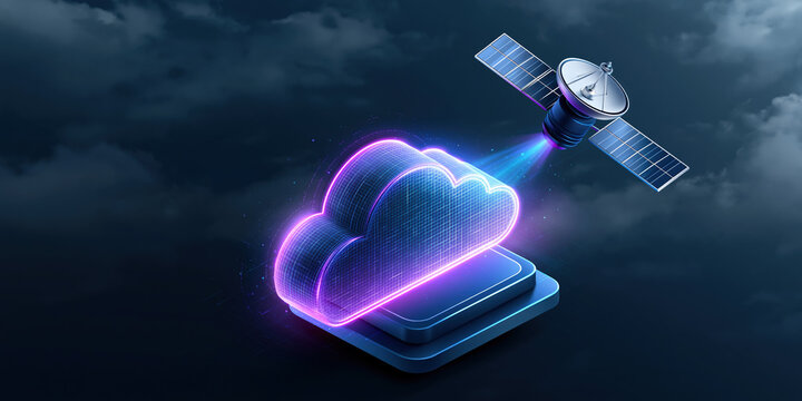 Cloud holographic storage glowing above platform with satellite link transmitting data in stormy sky