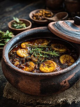 Ethiopian Siljo Stew Bubbling in Traditional Clay Pot with False Banana Spices