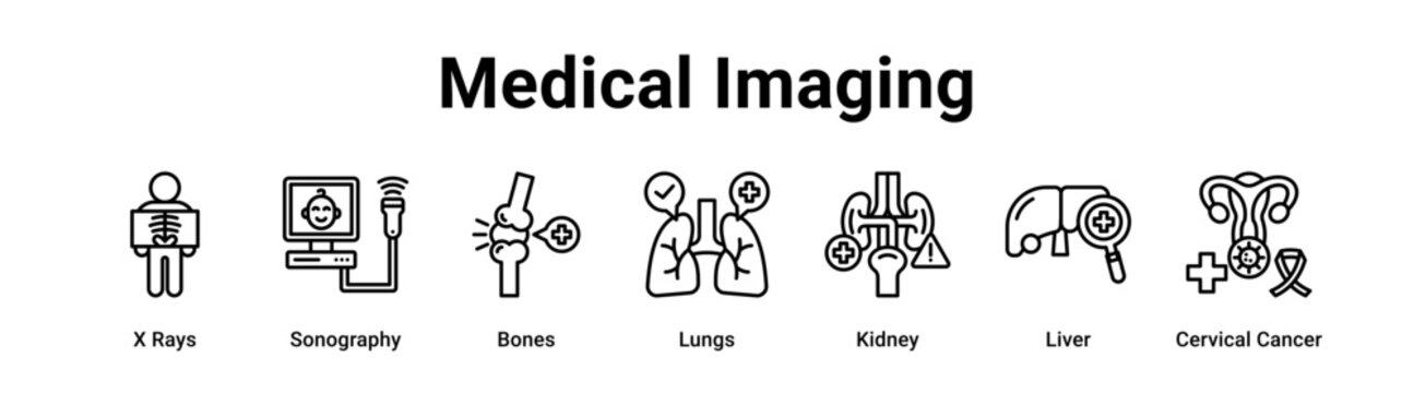 Medical Imaging web banner icon vector illustration concept for healthcare with icon of X Rays, Sonography, Bones, Lungs, Kidney, Liver.