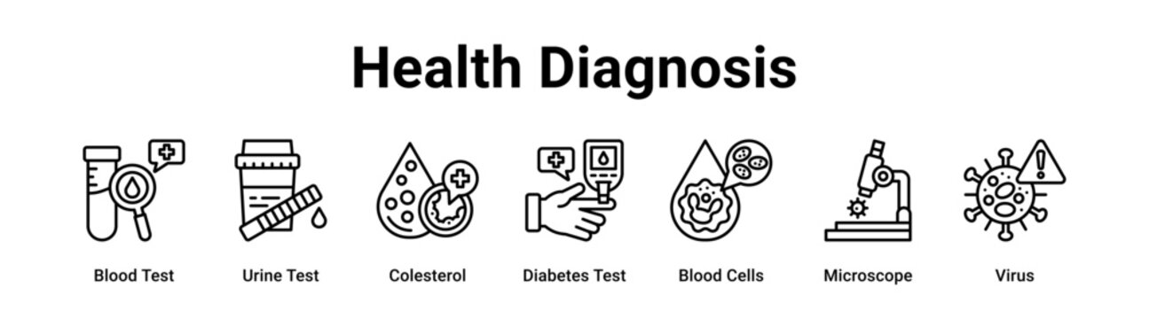 Health Diagnosis web banner icon vector illustration concept for healthcare with icon of Blood Test, Urine Test, Colesterol, Diabetes Test, Blood Cells.