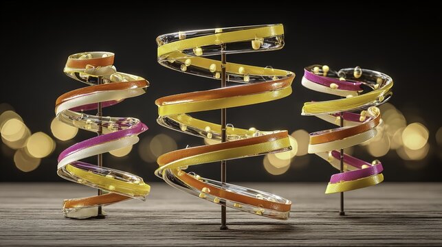 Colorful spiral ribbon sculptures with embedded lights on a wooden surface against a bokeh background