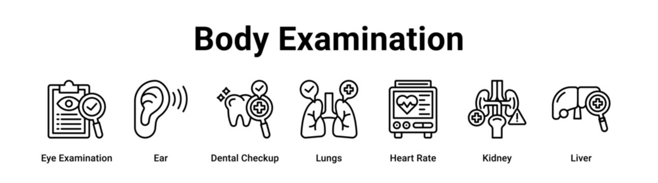 Body Examination web banner icon vector illustration concept for healthcare with icon of Eye Examination, Ear, Dental Checkup, Lungs, Heart Rate.