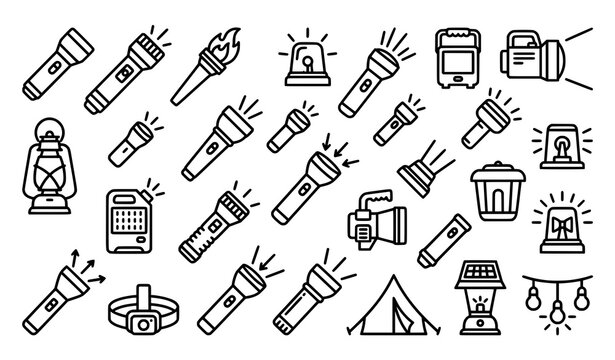 Creative flashlight outline vector icon set with minimalist lighting symbols