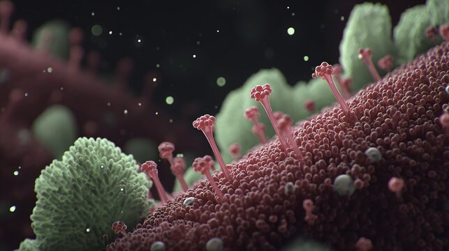 Microscopic view of cellular surface with cilia and microvilli structures