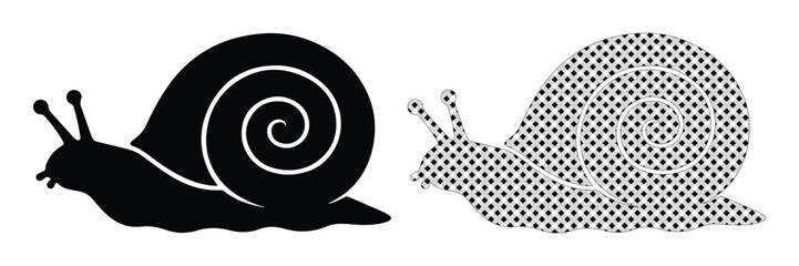 Minimalist snail vector icon set, two black and white graphic slug illustrations, simple mollusk silhouette for nature and garden designs, slow animal symbol © Asma