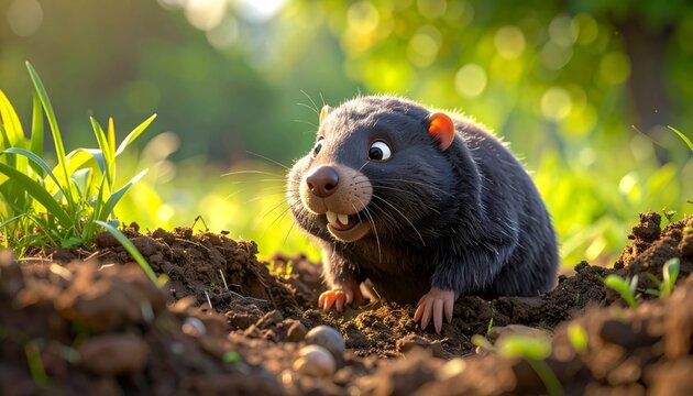 A small mole standing on dirt and grass.