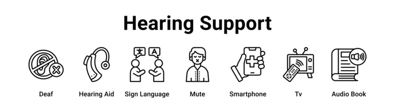 Hearing Support web banner icon vector illustration concept for medical with icon of Deaf, Hearing Aid, Sign Language, Mute, Smartphone, Tv.