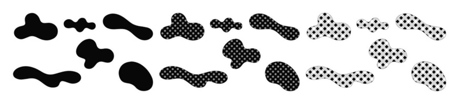Abstract organic liquid shapes, set of 15 black and halftone blob vector elements, fluid amoeba silhouettes for modern graphic design layouts