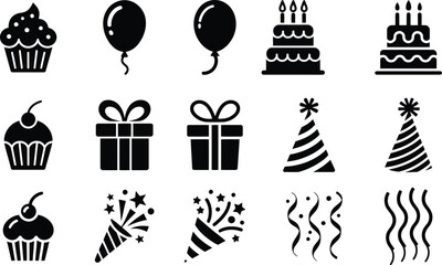 Naklejka premium Birthday party icon set with silhouette of cake cupcake balloon gift box hat confetti and popper on white background