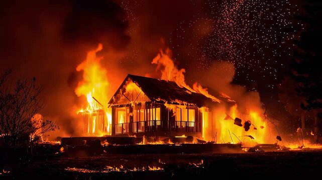 Burning cabin engulfed in intense flames at night with dramatic fiery glow and smoke rising