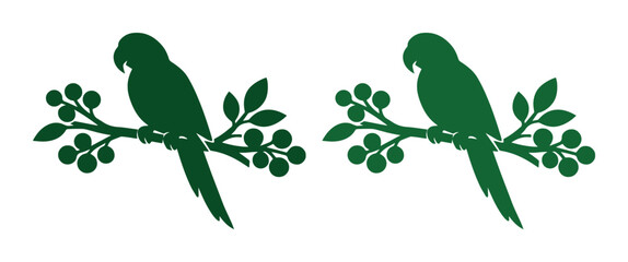 Green parrot silhouette on tree branch, tropical bird vector illustration, exotic macaw perched on leafy stem with berries, nature wildlife design © Asma