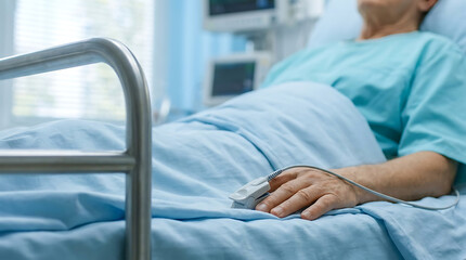 Obraz premium Patient lying in a hospital bed with a pulse oximeter on their finger for monitoring vital signs in a clinical setting.