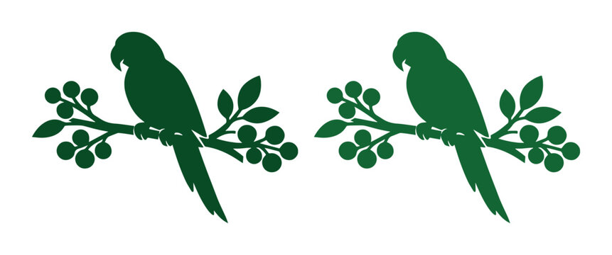 Green parrot silhouette on tree branch, tropical bird vector illustration, exotic macaw perched on leafy stem with berries, nature wildlife design