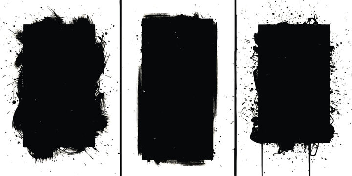 Set of three black grunge ink brush stroke frames with paint splatter texture