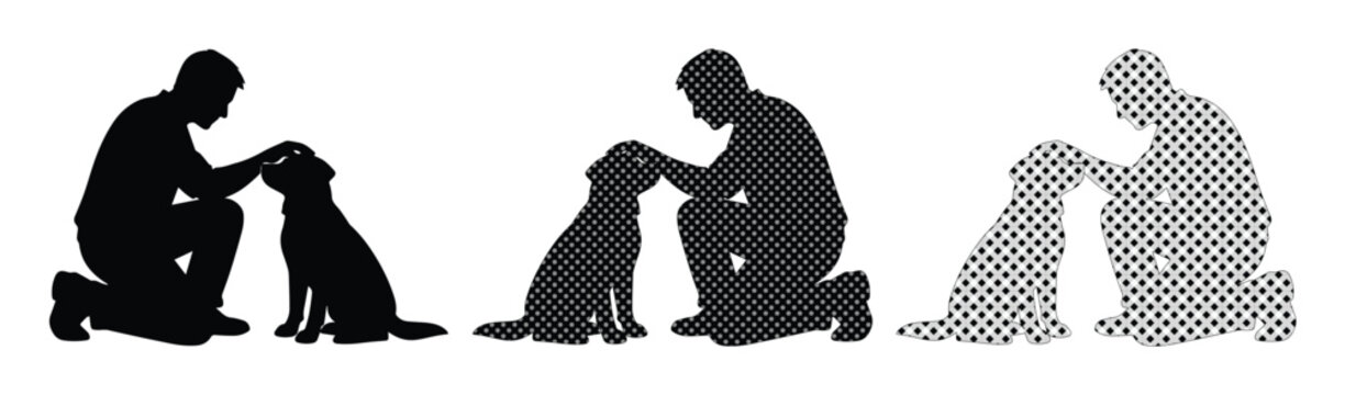 Man petting dog silhouette set, male owner bonding with puppy vector, black animal friendship icons for pet care and veterinary branding