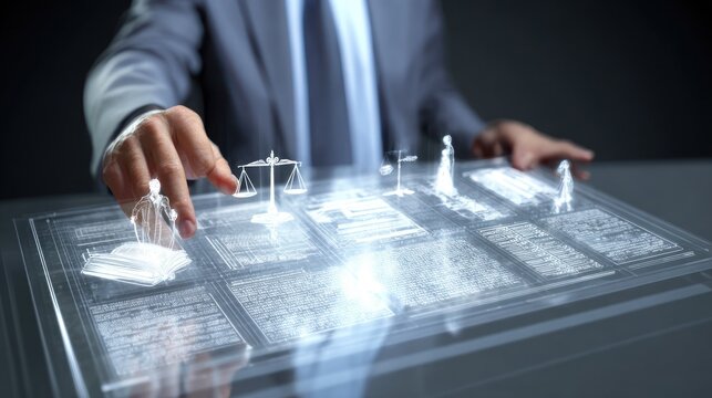 Professional interacts with holographic legal data interface featuring jurisprudence symbols.