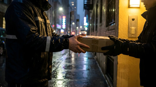 Courier hands package to recipient on a rainy night on a city street with delivery man bad weather express delivery e commerce