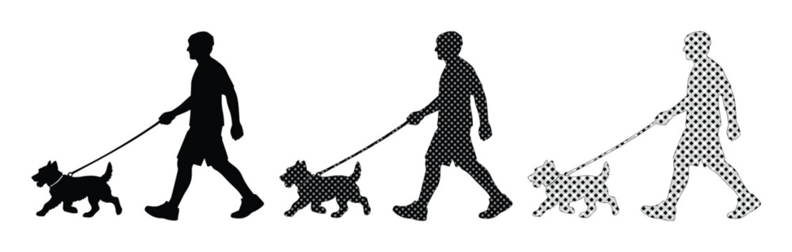 Black silhouette man walking dog vector set, male pet owner with terrier on leash, walking dog silhouettes in solid and halftone patterns
