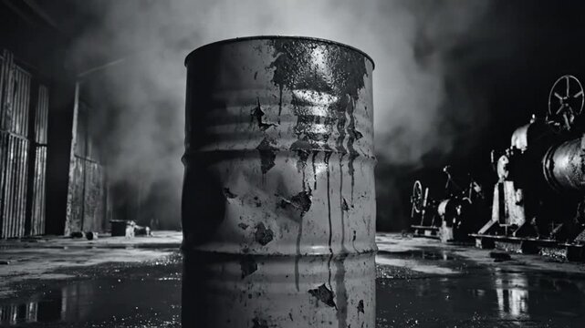 Black and white shot of a decaying oil barrel in a dimly lit industrial environment, with dripping liquid and light.