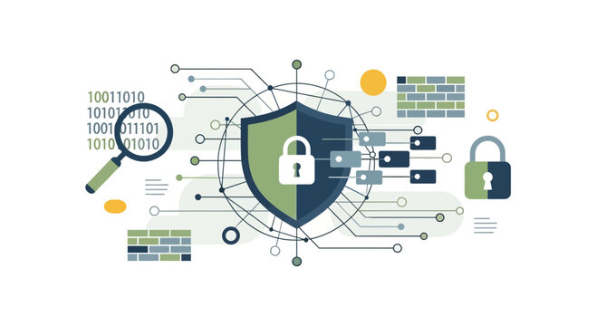 Digital Security Shield with Lock and Binary Code