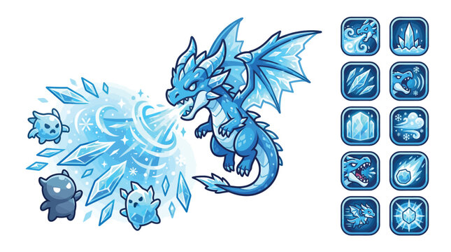 Cute chibi blue ice dragon character set featuring frost breath attack, small ice minion sprites, and ten matching square fantasy RPG ability icons on a plain white background.