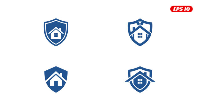 Set of four shield logos with house icons for security and protection.