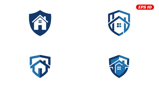 Set of four shield logos with house inside for security and protection.