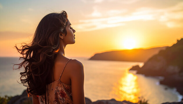 海辺で美しい夕日を眺めながら深く息を吸い込み自分と向き合う人の後ろ姿